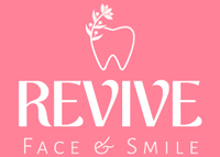 Revive Face and Smile logo with dental tooth design in pink background related to dental care 14 smiles 14 health 14 beauty